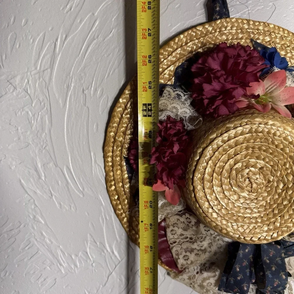 Vintage Handmade Straw Hat Wreath: Floral Door/Wall Decor Prairie Cottage Core